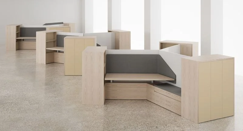 Light wood lounge booths with gray upholstery