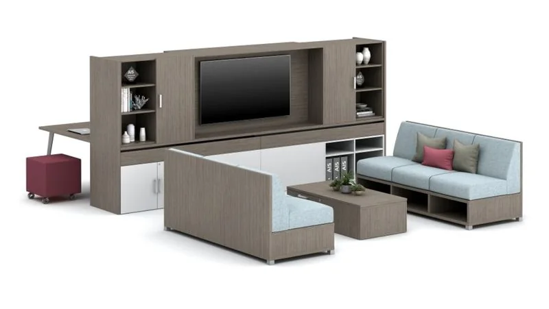 Lounge seating with a media wall and work tables