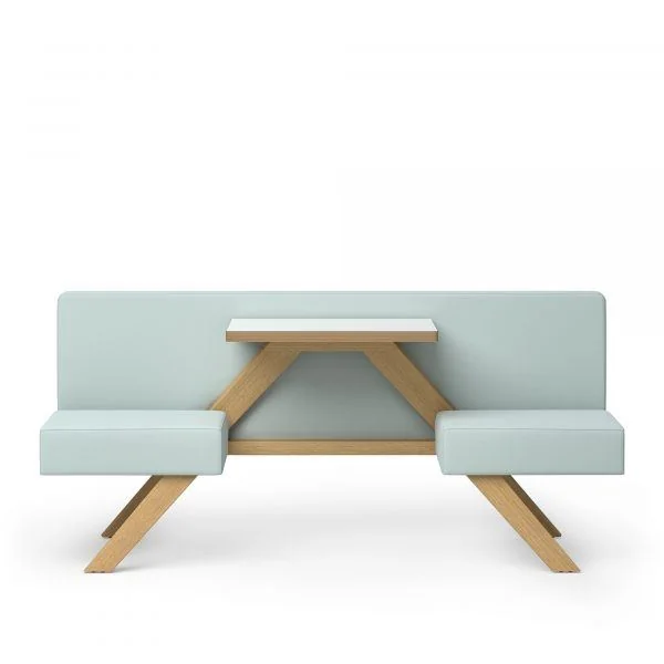 Mint high-back booth with a light wood table