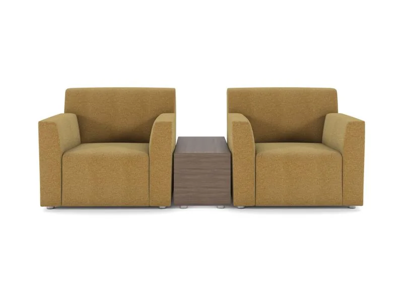 Mustard upholstered armchairs with a center table