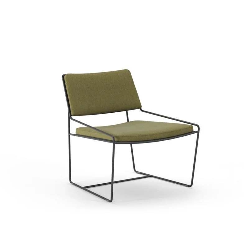 Olive green lounge chair on a wire frame