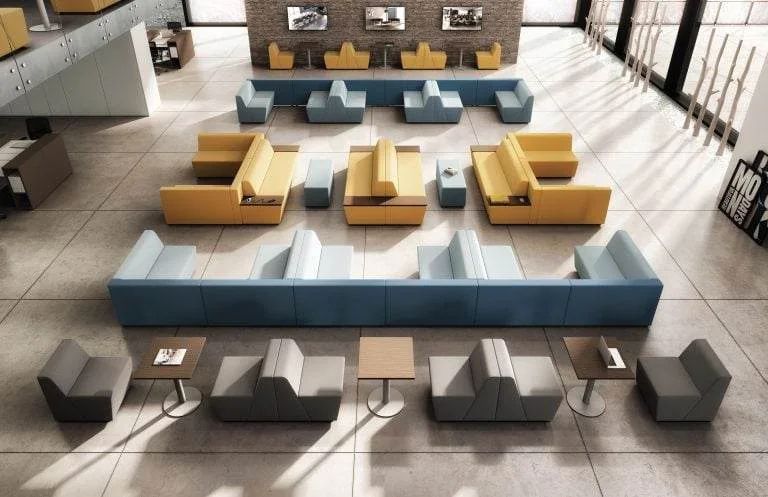 Overhead view of mustard and teal modular seating