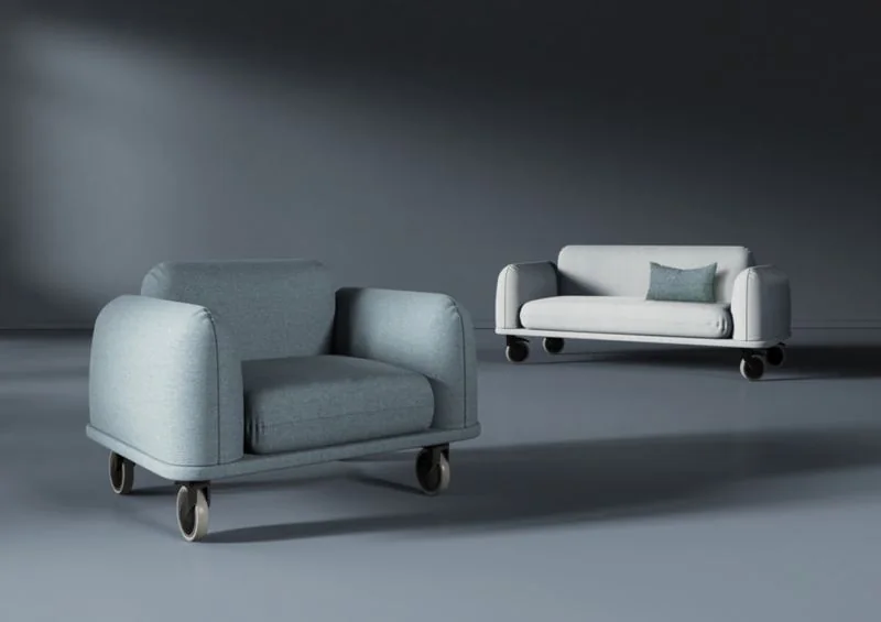 Pale blue lounge chair on casters