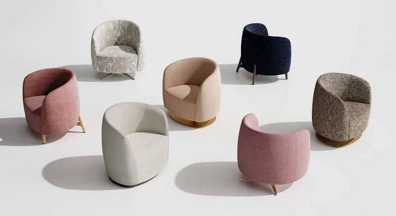 Swivel lounge chairs in blush, sand and navy