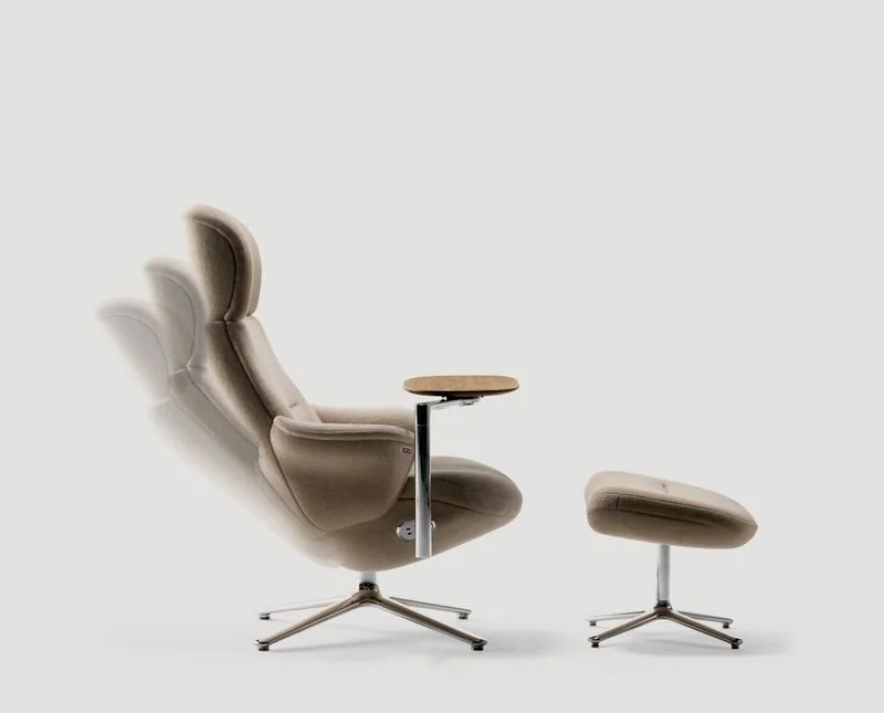 Taupe high-back lounge chairs with ottoman