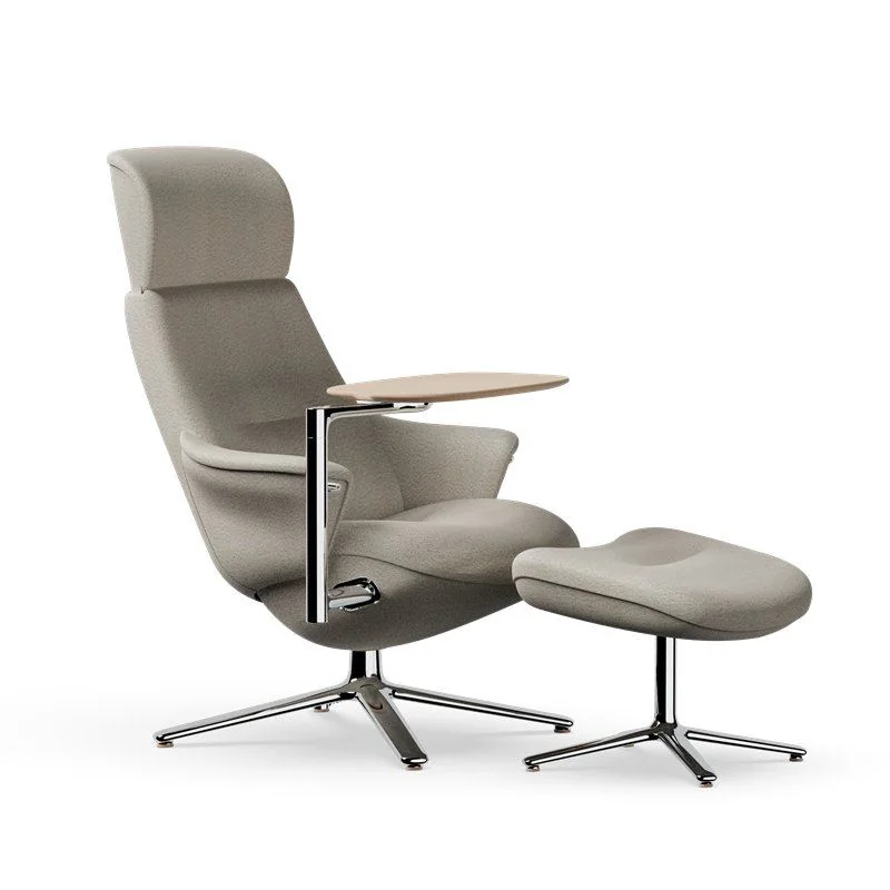 Taupe high-back recliner with ottoman and swing-arm tablet