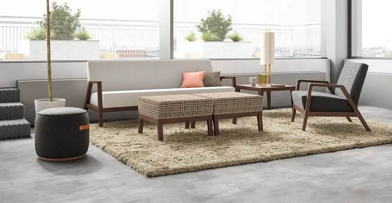 Taupe sofa and lounge chairs on a shag rug