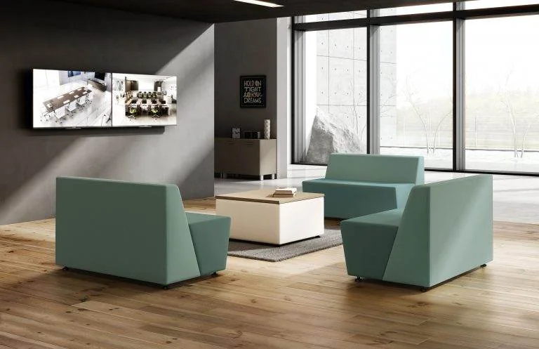 Teal modular seating in an open lounge