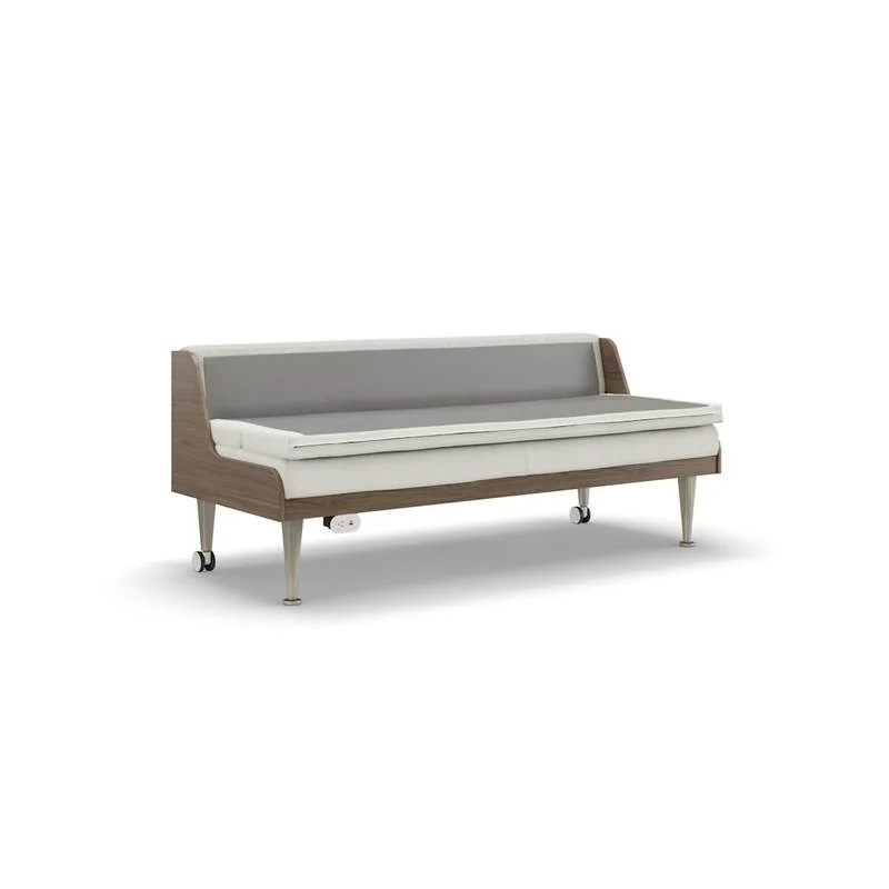 Upholstered daybed bench with walnut base and casters
