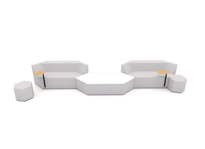 White low modular seating with built-in wood tables and side stools