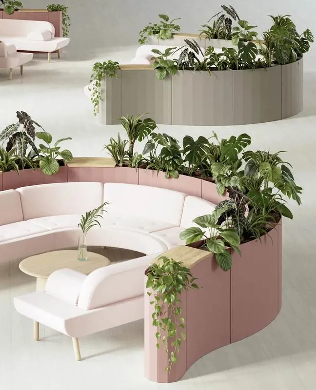 Planter Divider Curved pink planter divider around lounge seating