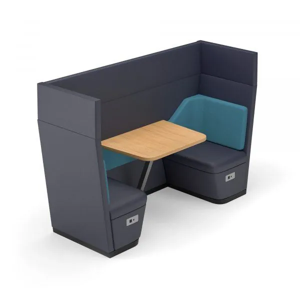 Booth Seating Dark gray high-back booth with teal cushions and table