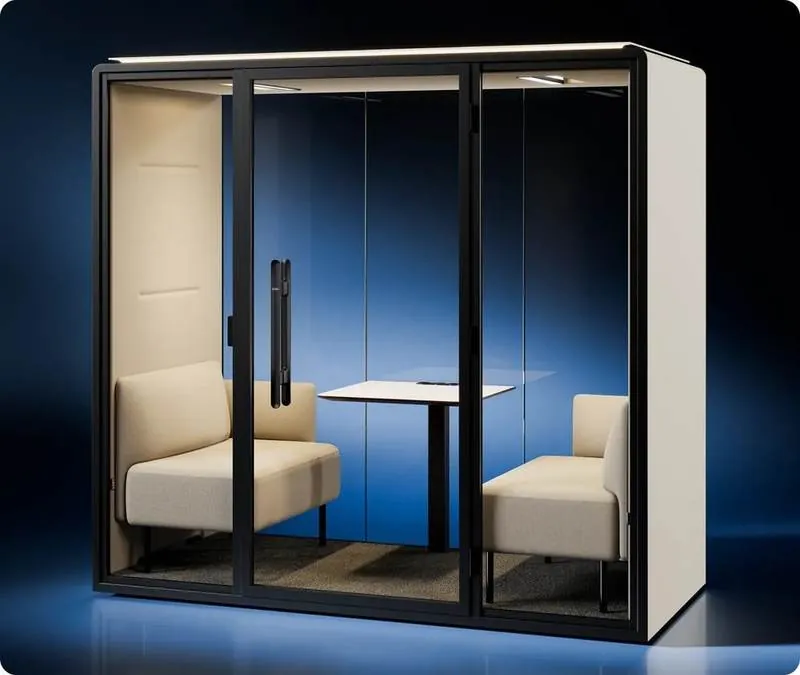 Meeting Pod Four-person meeting pod with cream seats and glass front