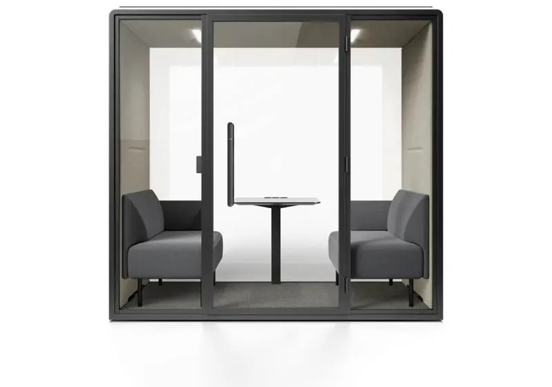 Meeting Pod Two-person glass meeting pod with lounge seats and table