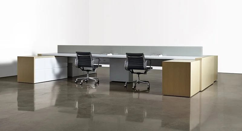 Executive Desk Executive desk with a gray glass screen and black leather chairs