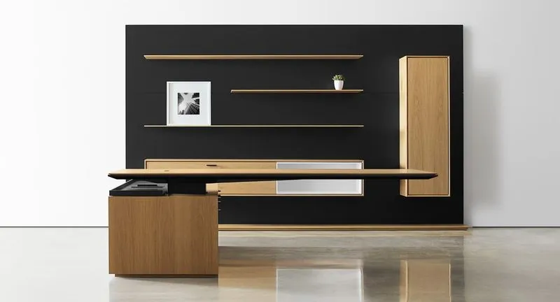 Executive Desk Executive desk with black back wall and floating shelves