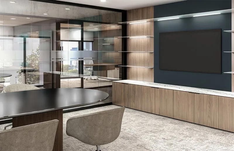 Executive Office Executive office with wall-mounted display and wood storage