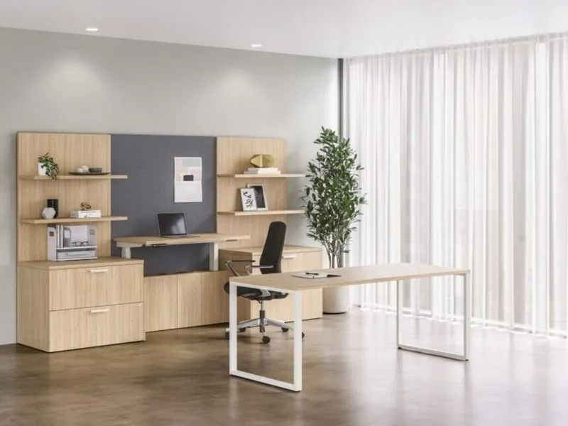 Private Office Light wood private office with open shelving and desk