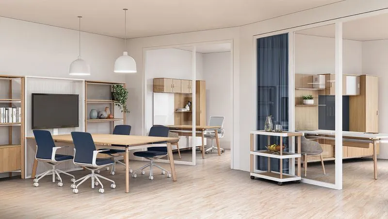 Private Offices Open office with glass private offices and meeting table