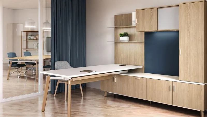 Private Office Private office with wood storage wall and navy accent