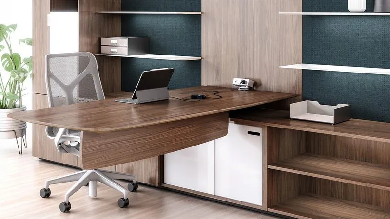 Executive Desk Walnut executive desk with teal accent shelving