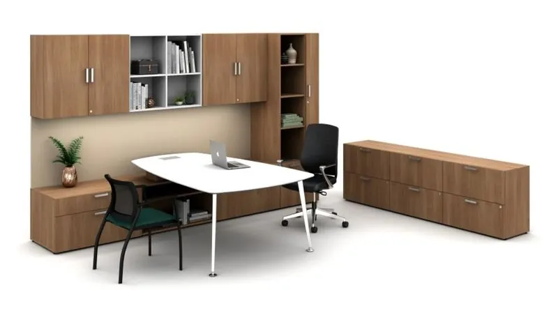 Private Office Walnut private office with peninsula desk and credenza