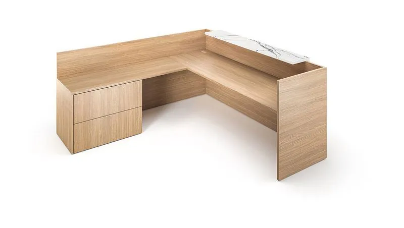 L-Shaped Reception Desk L-shaped light wood reception desk with raised transaction top