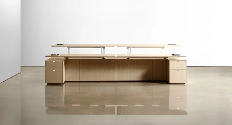 Reception Desk Oak reception desk with a raised transaction counter