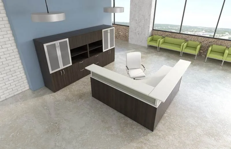 Reception Desk White and dark wood L-shaped reception desk with waiting seating