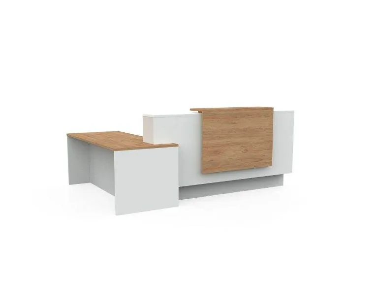 Reception Desk White reception desk with wood accent panel and side return