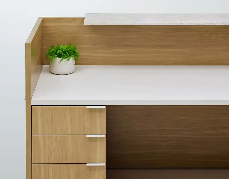 Reception Desk Detail Wood and white reception desk with transaction counter and drawers