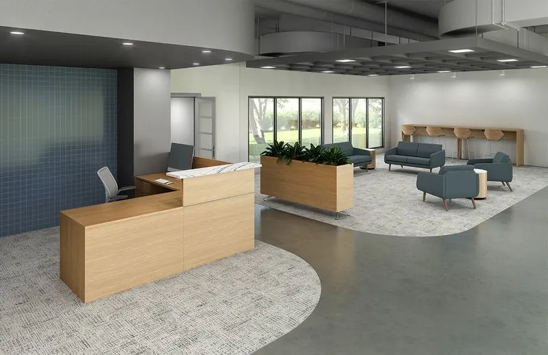 Reception Area Wood reception desk and waiting lounge in an open lobby
