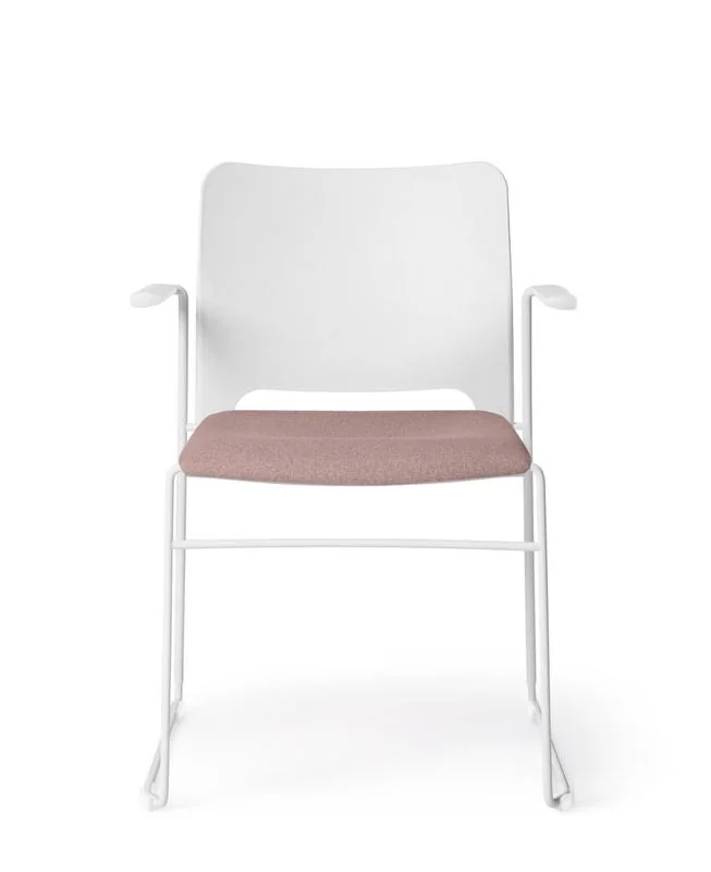 Stacking Chair White stacking armchair with blush seat pad and sled base
