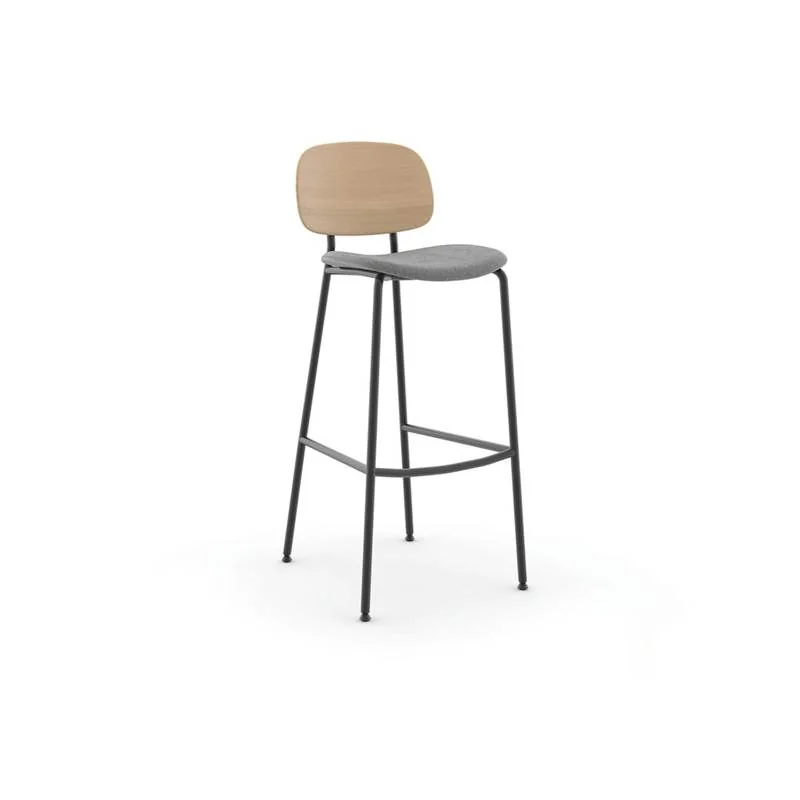Bar Stool Bar stool with wood back and gray seat on black frame