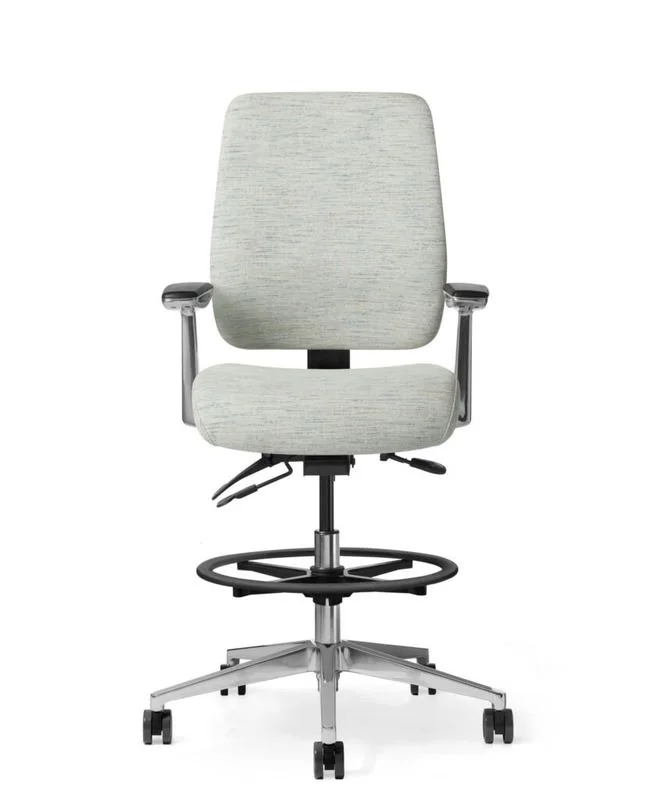 Drafting Stool Light gray upholstered drafting stool with foot ring