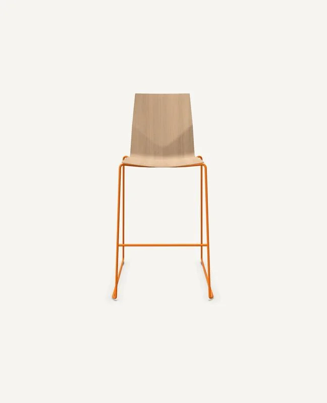 Counter Stool Oak shell counter stool on orange sled base