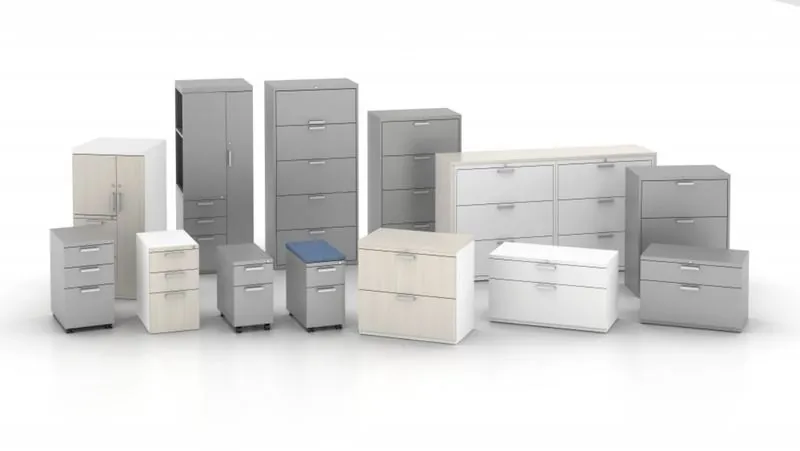 Gray and white lateral files, pedestals and storage cabinets