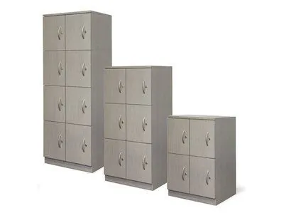 Gray multi-door locker units in three heights