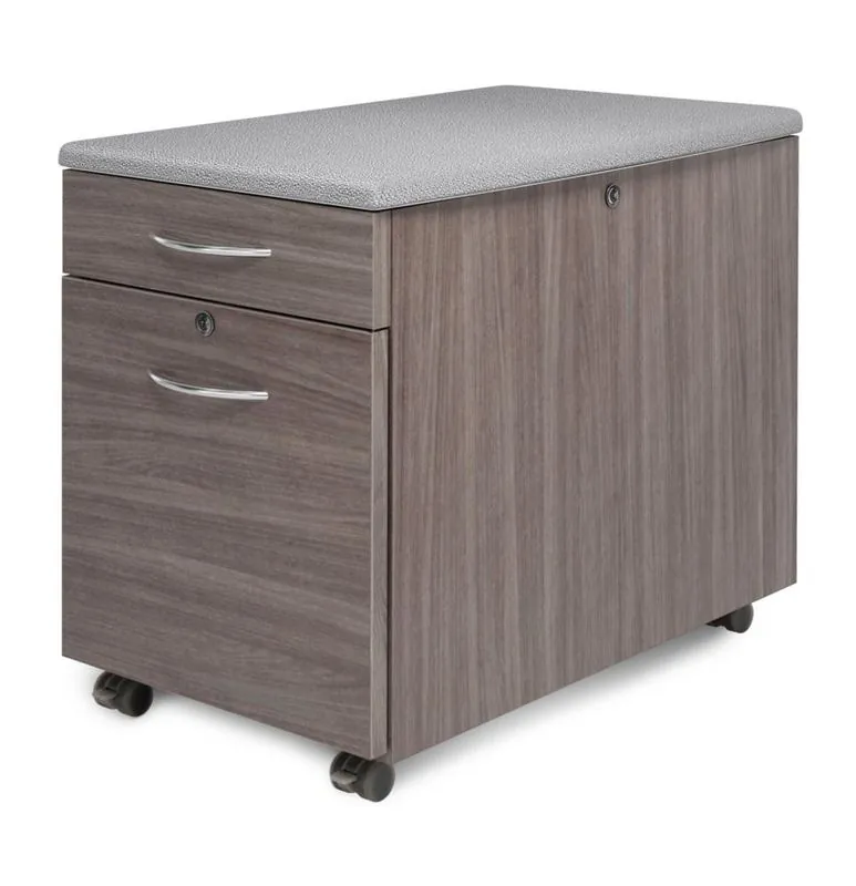 Gray wood mobile pedestal with cushion top