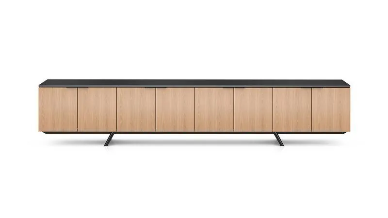 Long low wood credenza with black top