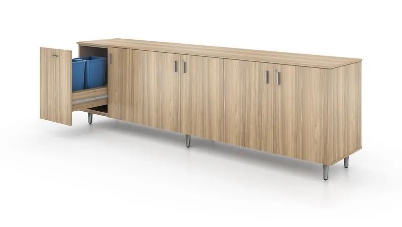 Long wood credenza with open file drawer