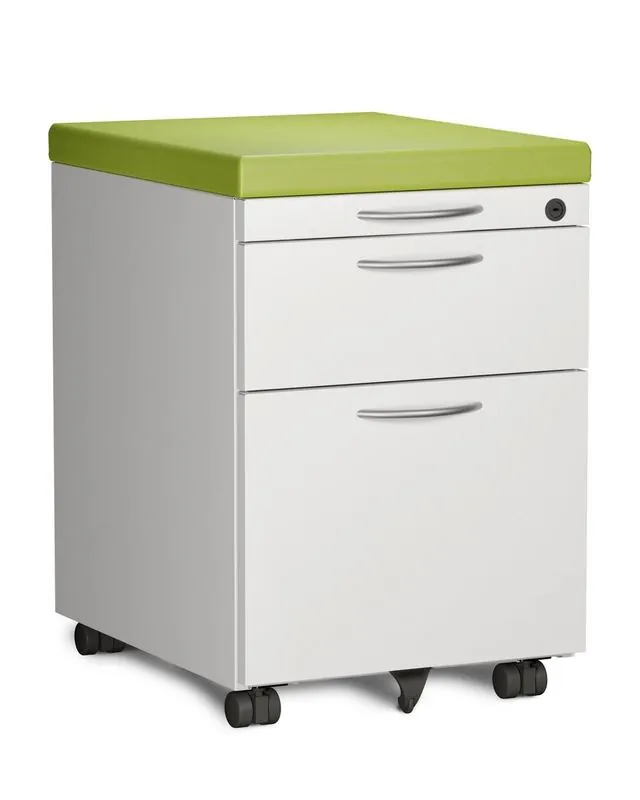White mobile pedestal with green cushion top