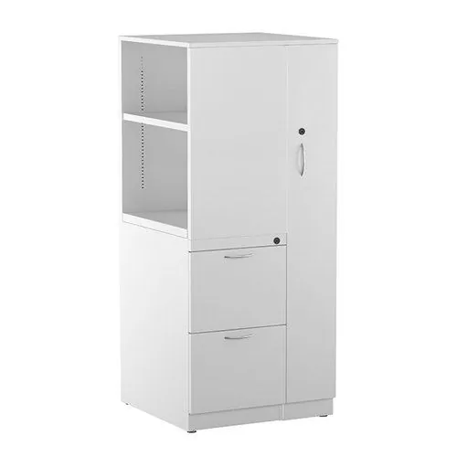 White storage tower with open shelf, door and file drawers