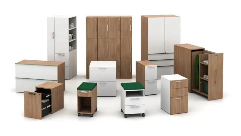 Wood and white office storage cabinets, pedestals and towers