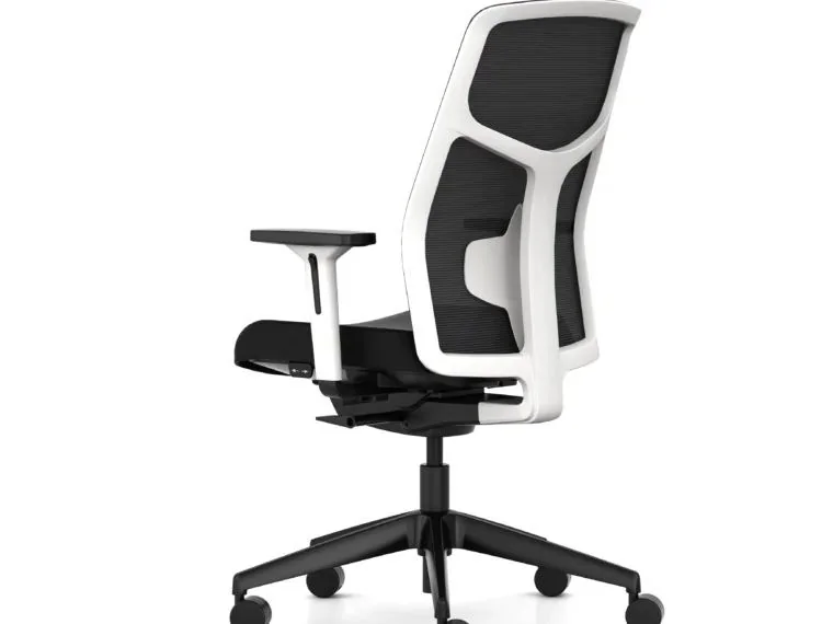 Mesh Task Chair Black mesh task chair with white frame, side view