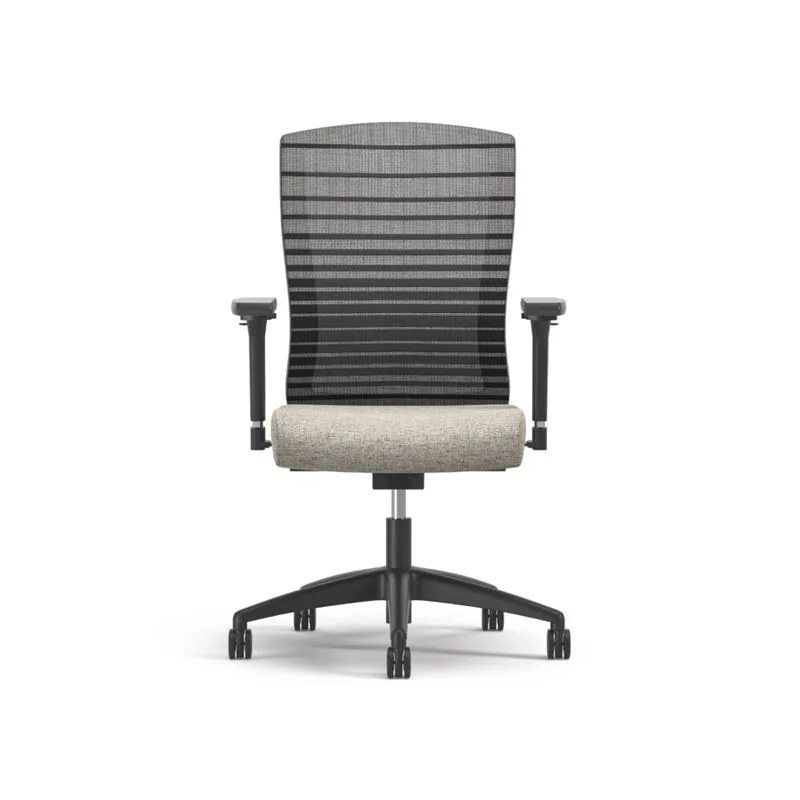 Mesh Task Chair Black slatted-back task chair with light upholstered seat