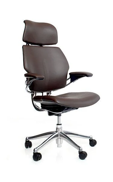 Leather Chair with Headrest Brown leather ergonomic chair with headrest and polished base