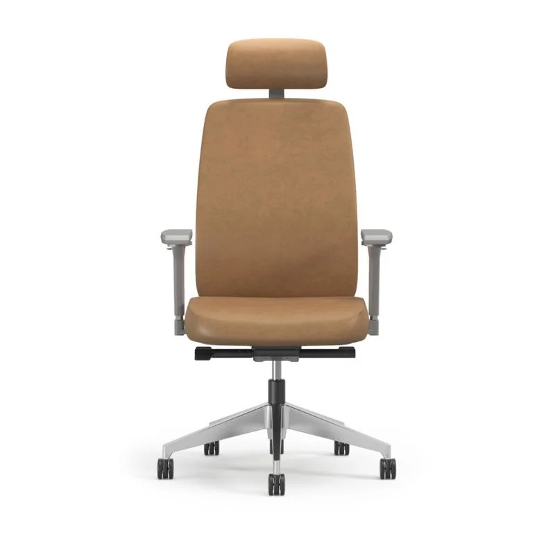 High-Back Chair with Headrest Caramel upholstered high-back chair with headrest, front view