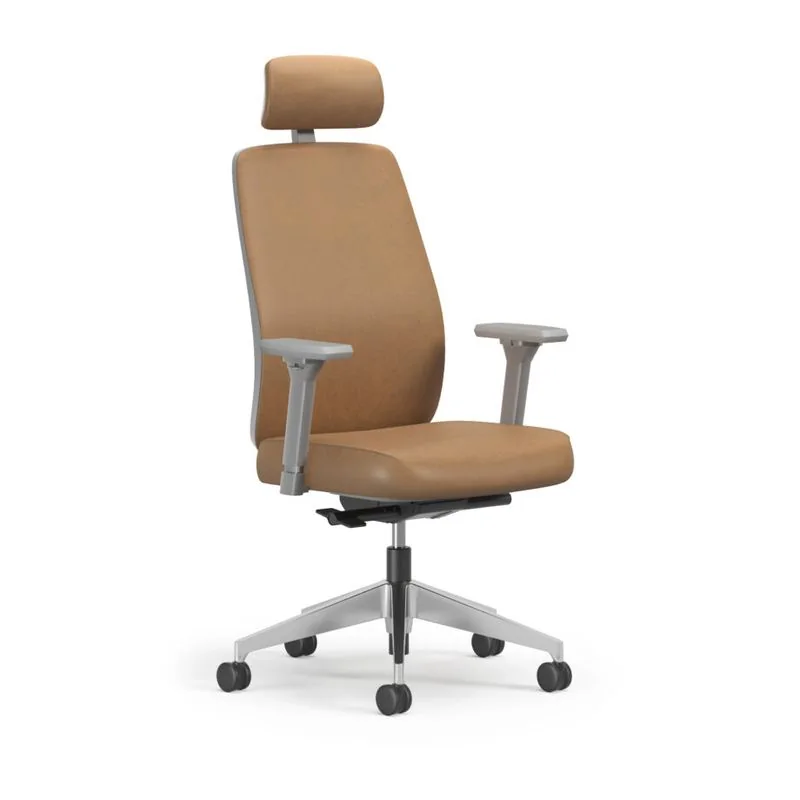High-Back Chair with Headrest Caramel upholstered high-back task chair with headrest and adjustable arms