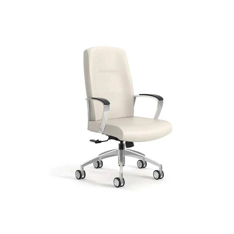 Upholstered Task Chair Cream leather-look mid-back task chair with polished arms and aluminum base